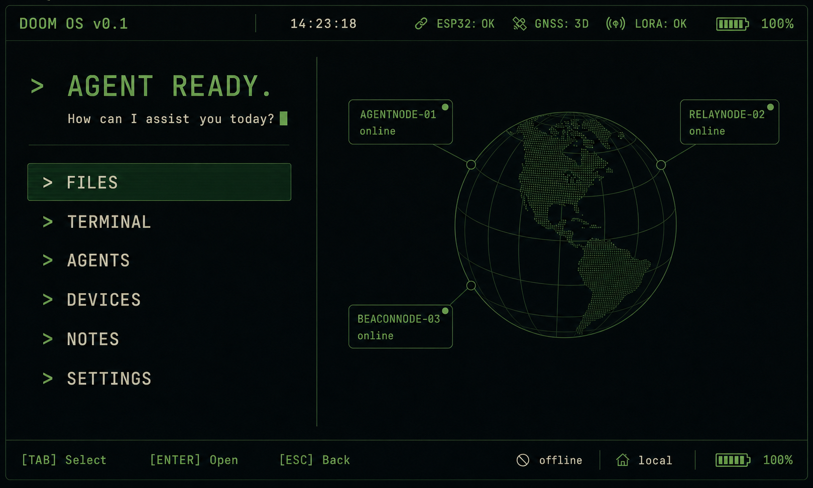 DOOM OS terminal-first screen render showing AGENT READY and local menu