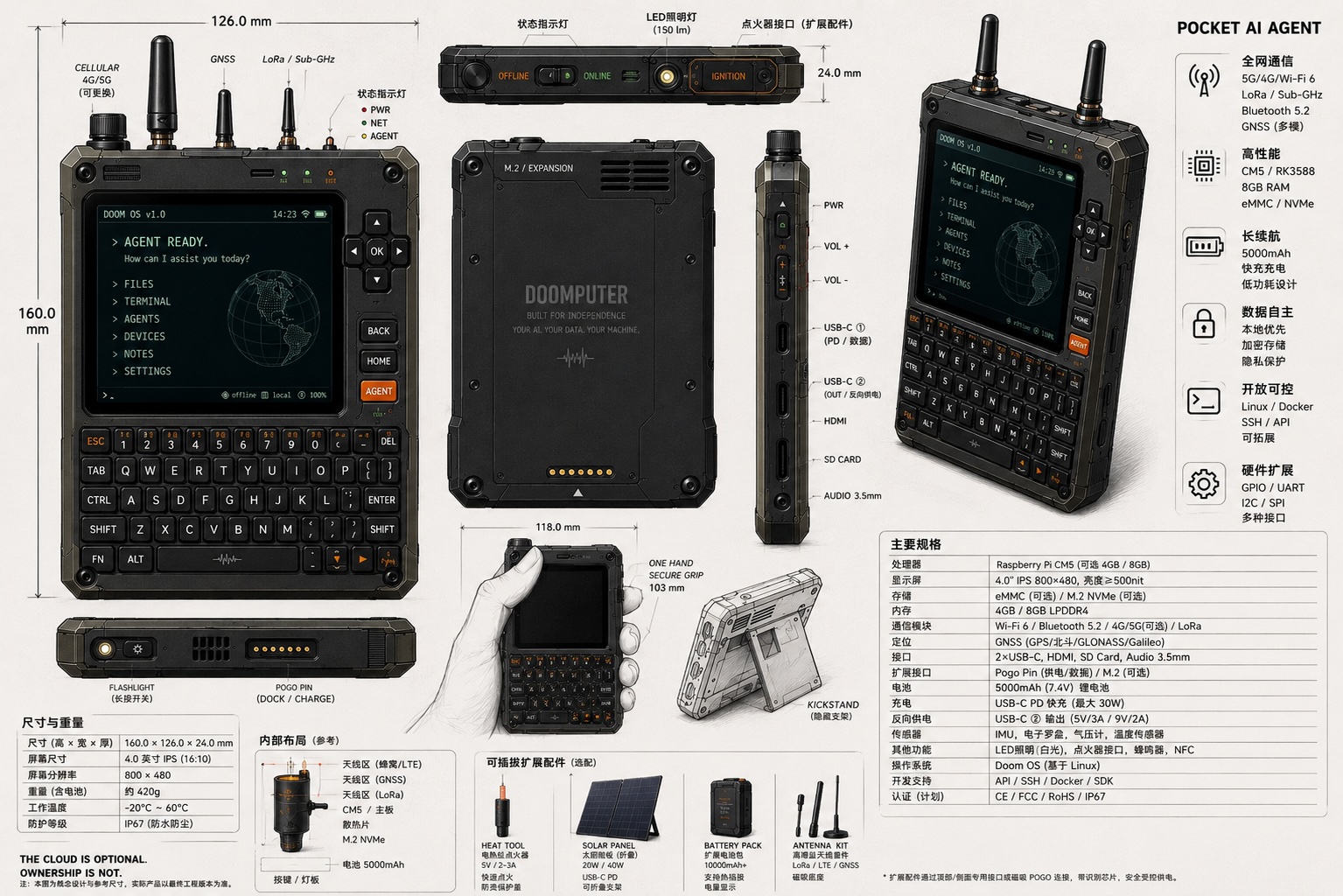 DOOMPUTER terminal hardware concept with ports, antennas, battery and body details