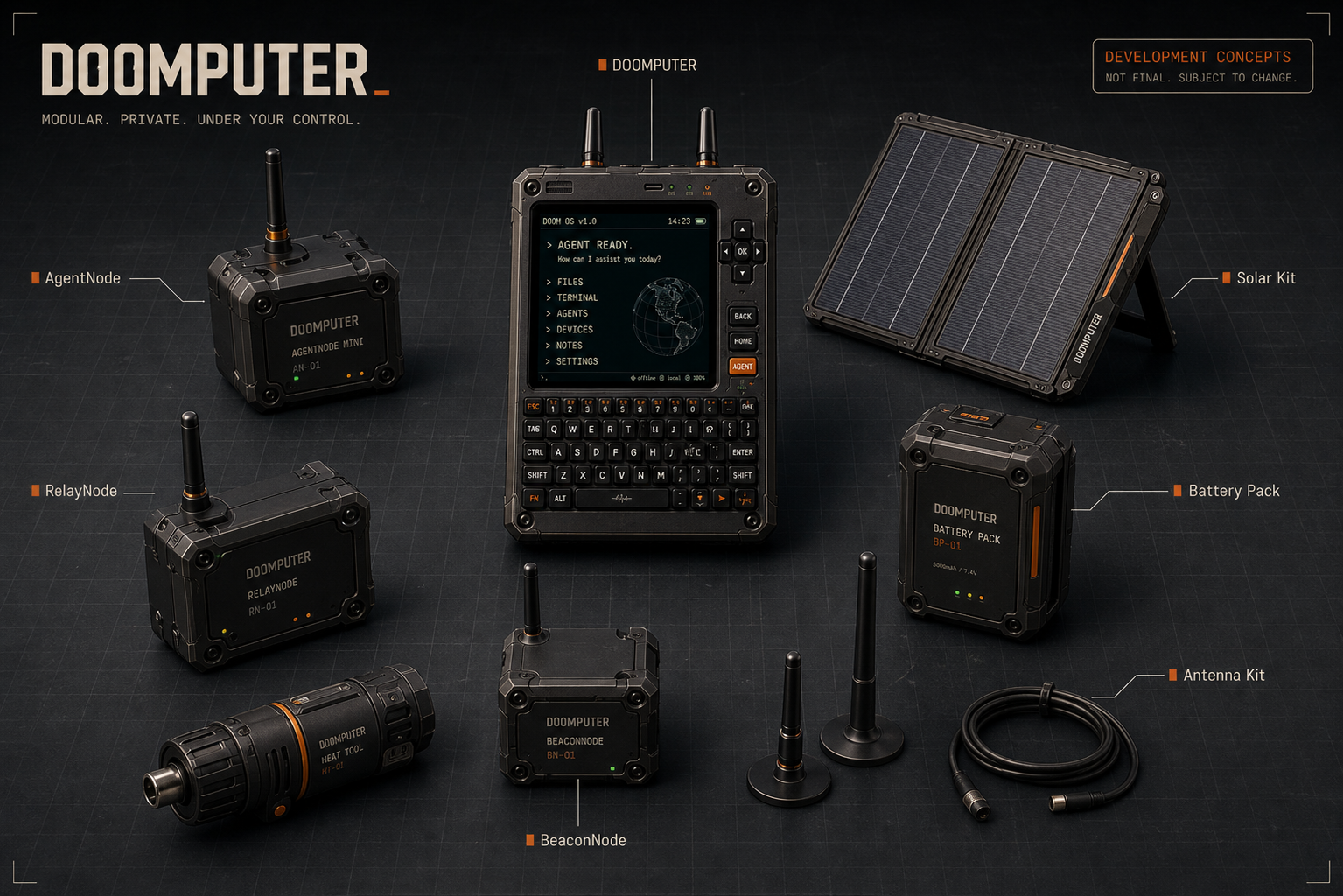 DOOMPUTER terminal with concept accessories including nodes, solar kit, battery pack and antenna kit