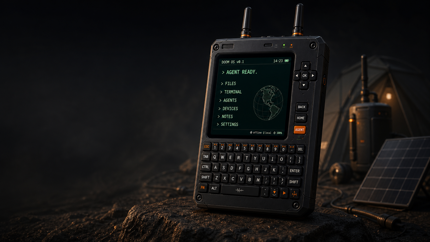 DOOMPUTER DS-01 field terminal concept render in a restrained field camp scene